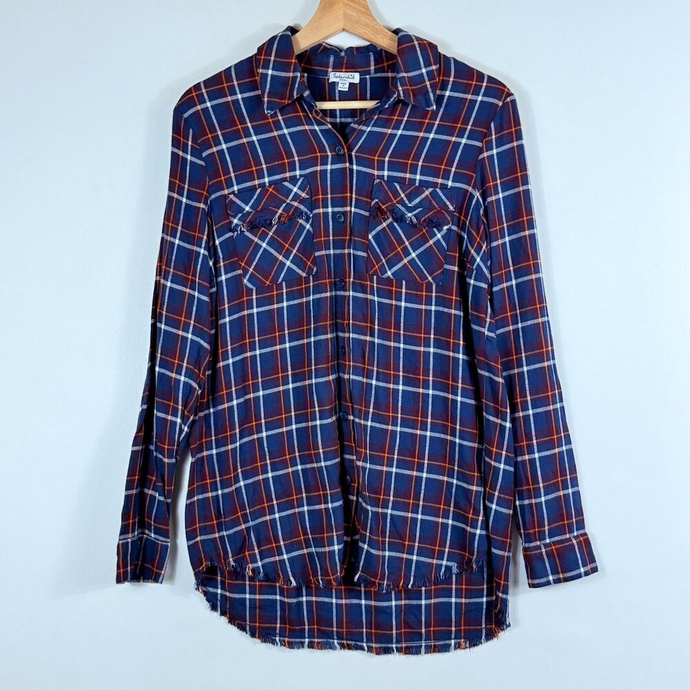 Splendid Plaid Button Down Shirt Womens Small Blue Orange Fringe Raw Rustic Boho